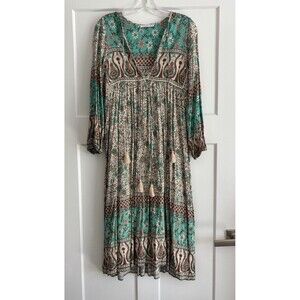 R. Vivimos Boho Prairie Long Sleeve Floral V-Neck Midi Peasant Dress Size Medium